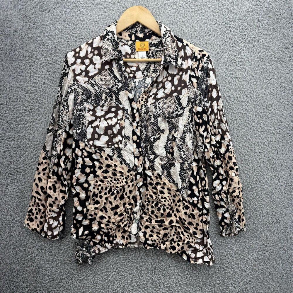 Ruby Rd. Semi Sheer Long Button Up Roll Tab Sleeves Animal Print‎ Women's Size L